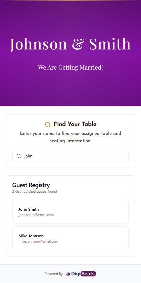 DigiSeats guest name search and filtering feature